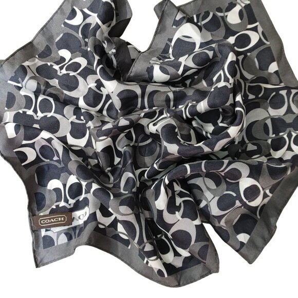 Coach Silk Logo Scarf Monogram Black White Gray Signature Designer Pattern - Picture 8 of 9